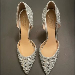 NEW Badgley Mischka Metallic Silver Glitter Evening Shoes Pumps Size 6-1/2